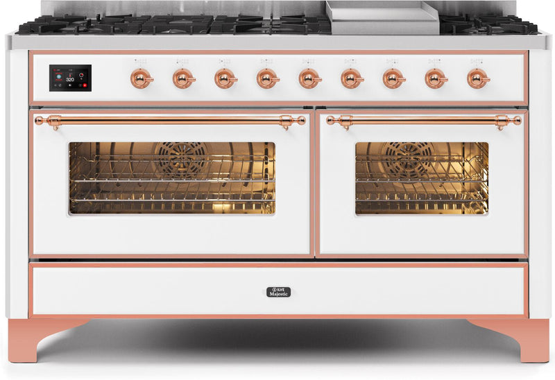 ILVE 60" Majestic II Dual Fuel Range with 9 Sealed Burners and Griddle - 5.8 cu. ft. Oven - Copper Trim in White (UM15FDNS3WHP) Ranges ILVE 