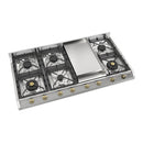 ILVE Nostalgie II 48-Inch Built-In Natural Gas Cooktop with 8 Burners and Griddle in Stainless Steel with Brass Knob (UHCP1265FNSSG)