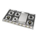 ILVE Nostalgie II 48-Inch Built-In Natural Gas Cooktop with 8 Burners and Griddle in Stainless Steel with Brass Knob (UHCP1265FNSSG)