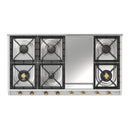 ILVE Nostalgie II 48-Inch Built-In Natural Gas Cooktop with 8 Burners and Griddle in Stainless Steel with Brass Knob (UHCP1265FNSSG)