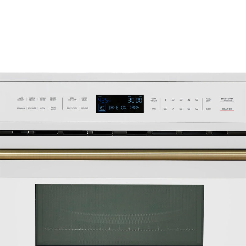Forno Galiano 5-Piece Appliance Package - 48-Inch Dual Fuel Range, 48-Inch Hood, 36-Inch Refrigerator, 24-Inch Dishwasher, & 30-Inch Microwave Oven in White with Antique Brass Trim
