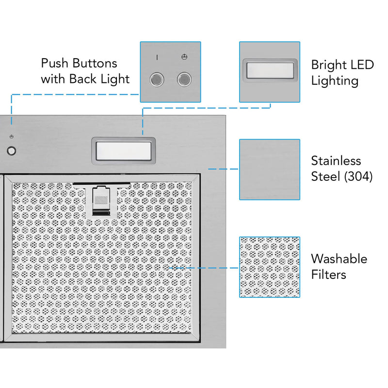 Victory 36-Inch 600 CFM Insert Range Hood with 4-Speed Push Button in Stainless Steel, Bright LED Lights, Auto-Shutoff Timer (Q1-36)