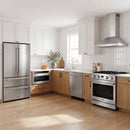 Thor Kitchen A-Series stainless steel kitchen with a 30-inch gas range, wall-mount chimney hood, French door refrigerator, dishwasher and microwave drawer