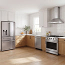 Thor Kitchen A-Series stainless steel kitchen with a 30-inch gas range, wall-mount chimney hood, French door refrigerator, dishwasher