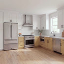 Thor Kitchen A-Series stainless steel kitchen with a 36-inch gas range, wall-mount chimney hood, French door refrigerator, dishwasher and microwave drawer