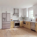 Thor Kitchen A-Series stainless steel kitchen with a 36-inch gas range, wall-mount chimney hood, French door refrigerator, dishwasher and microwave drawer