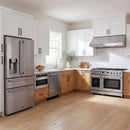Thor Kitchen A-Series stainless steel kitchen with a 48-inch gas range, under-cabinet hood, French door refrigerator, dishwasher and microwave drawer