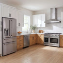 Thor Kitchen A-Series stainless steel kitchen with a 48-inch gas range, wall-mount chimney hood, French door refrigerator, dishwasher