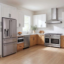 Thor Kitchen A-Series stainless steel kitchen with a 48-inch gas range, wall-mount chimney hood, French door refrigerator, dishwasher and microwave drawer