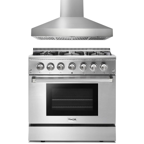 Thor Kitchen 2-Piece Pro Appliance Package - 36-Inch Dual Fuel Range with Liquid Propane Cooktop & Pro-Style Wall Mount Hood in Stainless Steel