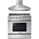Thor Kitchen 2-Piece Pro Appliance Package - 36-Inch Gas Range with Liquid Propane Kit & Pro-Style Wall Mount Hood in Stainless Steel