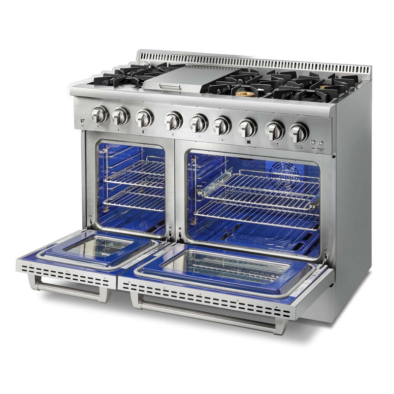 Thor Kitchen 2-Piece Pro Appliance Package - 48-Inch Dual Fuel Range with Liquid Propane Cooktop & Under Cabinet 16.54" Tall Hood in Stainless Steel