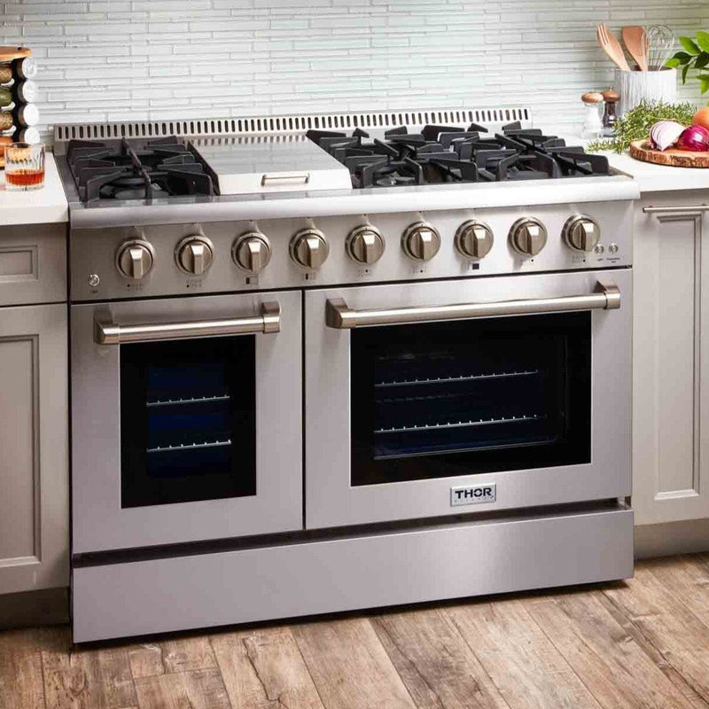 Thor Kitchen 2-Piece Pro Appliance Package - 48-Inch Dual Fuel Range with Liquid Propane Cooktop & Under Cabinet 16.54" Tall Hood in Stainless Steel