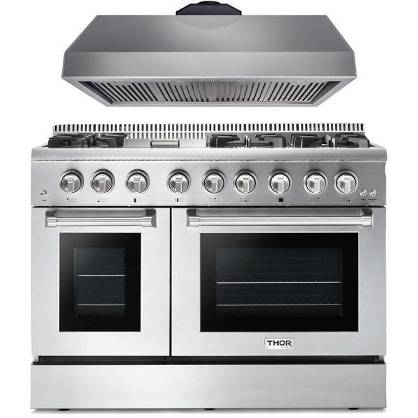 Thor Kitchen 2-Piece Pro Appliance Package - 48-Inch Dual Fuel Range with Liquid Propane Cooktop & Under Cabinet 16.54" Tall Hood in Stainless Steel