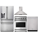 Thor Kitchen 4-Piece Appliance Package - 30-Inch Gas Range with Liquid Propane Kit, Refrigerator with Water Dispenser, Wall Mount Hood, & Dishwasher in Stainless Steel