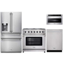 Thor Kitchen 4-Piece Appliance Package - 36-Inch Gas Range with Liquid Propane Kit, Refrigerator with Water Dispenser, Dishwasher, & Microwave Drawer in Stainless Steel