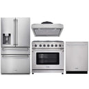 Thor Kitchen 4-Piece Appliance Package - 36-Inch Gas Range with Liquid Propane Kit, Refrigerator with Water Dispenser, Under Cabinet Hood & Dishwasher in Stainless Steel