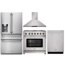 Thor Kitchen 4-Piece Appliance Package - 36-Inch Gas Range with Liquid Propane Kit, Refrigerator with Water Dispenser, Wall Mount Hood, & Dishwasher in Stainless Steel
