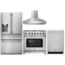 Thor Kitchen 4-Piece Appliance Package - 36-Inch Gas Range with Liquid Propane Kit, Refrigerator with Water Dispenser, Pro-Style Wall Mount Hood, & Dishwasher in Stainless Steel