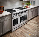 Thor Kitchen 4-Piece Appliance Package - 48-Inch Gas Range with Liquid Propane Kit, Pro Wall Mount Hood, French Door Refrigerator, and Dishwasher in Stainless Steel