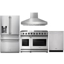 Thor Kitchen 4-Piece Appliance Package - 48-Inch Gas Range with Liquid Propane Kit, Pro Wall Mount Hood, Refrigerator with Water Dispenser, & Dishwasher in Stainless Steel