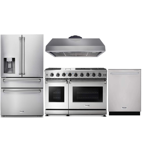 Thor Kitchen 4-Piece Appliance Package - 48-Inch Gas Range with Liquid Propane Kit, Refrigerator with Water Dispenser, Under Cabinet 16.54" Tall Hood, & Dishwasher in Stainless Steel