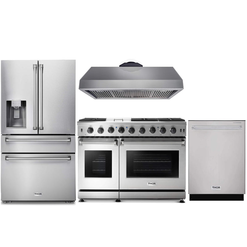 Thor Kitchen 4-Piece Appliance Package - 48-Inch Gas Range with Liquid Propane Kit, Refrigerator with Water Dispenser, Under Cabinet 16.54" Tall Hood, & Dishwasher in Stainless Steel