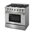 Thor Kitchen 4-Piece Pro Appliance Package - 36-Inch Gas Range with Liquid Propane Kit, French Door Refrigerator, Wall Mount Hood and Dishwasher in Stainless Steel