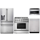Thor Kitchen 4-Piece Pro Appliance Package - 36-Inch Dual Fuel Range with Liquid Propane Cooktop, Refrigerator with Water Dispenser, Dishwasher, & Microwave Drawer in Stainless Steel