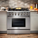 Thor Kitchen 4-Piece Pro Appliance Package - 36-Inch Dual Fuel Range with Liquid Propane Cooktop, Refrigerator with Water Dispenser, Dishwasher, & Microwave Drawer in Stainless Steel