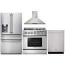 Thor Kitchen 4-Piece Pro Appliance Package - 36-Inch Dual Fuel Range with Liquid Propane Cooktop, Refrigerator with Water Dispenser, Wall Mount Hood & Dishwasher in Stainless Steel
