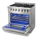Thor Kitchen 4-Piece Pro Appliance Package - 36-Inch Dual Fuel Range with Liquid Propane Cooktop, Refrigerator with Water Dispenser, Pro-Style Wall Mount Hood & Dishwasher in Stainless Steel
