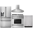 Thor Kitchen 4-Piece Pro Appliance Package - 36-Inch Dual Fuel Range with Liquid Propane Cooktop, Refrigerator with Water Dispenser, Pro-Style Wall Mount Hood & Dishwasher in Stainless Steel
