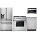 Thor Kitchen 4-Piece Pro Appliance Package - 36-Inch Gas Range with Liquid Propane Kit, Refrigerator with Water Dispenser, Dishwasher, & Microwave Drawer in Stainless Steel