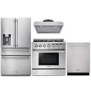 Thor Kitchen 4-Piece Pro Appliance Package - 36-Inch Gas Range with Liquid Propane Kit, Refrigerator with Water Dispenser, Under Cabinet Hood & Dishwasher in Stainless Steel