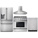 Thor Kitchen 4-Piece Pro Appliance Package - 36-Inch Gas Range with Liquid Propane Kit, Refrigerator with Water Dispenser, Pro-Style Wall Mount Hood & Dishwasher in Stainless Steel