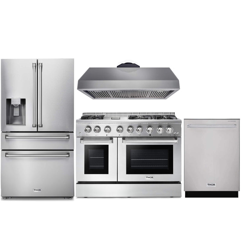 Thor Kitchen 4-Piece Pro Appliance Package - 48-Inch Dual Fuel Range with Liquid Propane Cooktop, Refrigerator with Water Dispenser, Under Cabinet 16.54" Tall Hood & Dishwasher in Stainless Steel