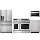 Thor Kitchen 4-Piece Pro Appliance Package - 48-Inch Dual Fuel Range with Liquid Propane Cooktop, Refrigerator with Water Dispenser, Dishwasher, & Microwave Drawer in Stainless Steel