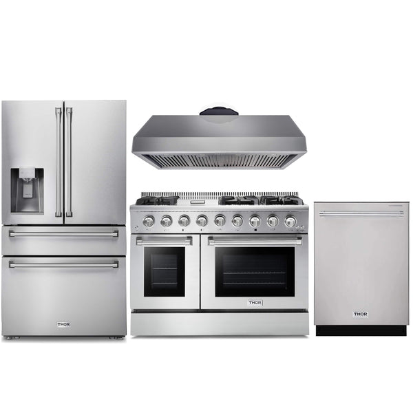 Thor Kitchen 4-Piece Pro Appliance Package - 48-Inch Gas Range with Liquid Propane Kit, Refrigerator with Water Dispenser, Under Cabinet 16.54" Tall Hood, & Dishwasher in Stainless Steel