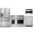 Thor Kitchen 4-Piece Pro Appliance Package - 48-Inch Gas Range with Liquid Propane Kit, Refrigerator with Water Dispenser, Dishwasher, & Microwave Drawer in Stainless Steel