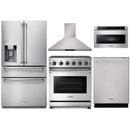Thor Kitchen 5-Piece Appliance Package - 30-Inch Gas Range with Liquid Propane Kit, Refrigerator with Water Dispenser, Wall Mount Hood, Dishwasher, & Microwave Drawer in Stainless Steel