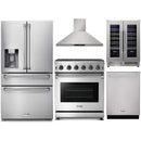 Thor Kitchen 5-Piece Appliance Package - 30-Inch Gas Range with Liquid Propane Kit, Refrigerator with Water Dispenser, Wall Mount Hood, Dishwasher, & Wine Cooler in Stainless Steel
