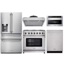 Thor Kitchen 5-Piece Appliance Package - 36-Inch Gas Range with Liquid Propane Kit, Refrigerator with Water Dispenser, Under Cabinet Hood, Dishwasher, & Microwave Drawer in Stainless Steel