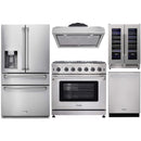 Thor Kitchen 5-Piece Appliance Package - 36-Inch Gas Range with Liquid Propane Kit, Refrigerator with Water Dispenser, Under Cabinet Hood, Dishwasher, & Wine Cooler in Stainless Steel