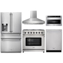Thor Kitchen 5-Piece Appliance Package - 36-Inch Gas Range with Liquid Propane Kit, Refrigerator with Water Dispenser, Pro-Style Wall Mount Hood, Dishwasher, & Microwave Drawer in Stainless Steel