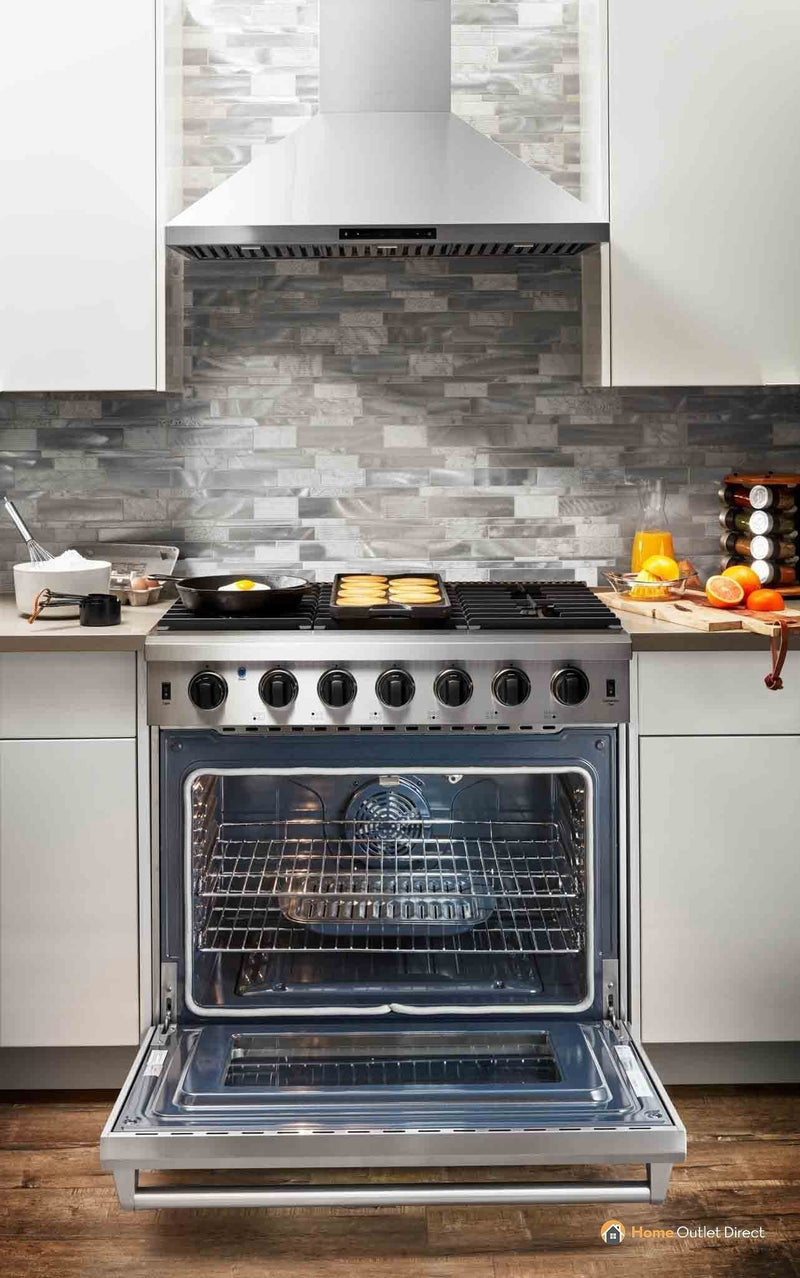 Thor Kitchen 5-Piece Appliance Package - 36-Inch Gas Range with Liquid Propane Kit, Refrigerator with Water Dispenser, Pro-Style Wall Mount Hood, Dishwasher, & Wine Cooler in Stainless Steel