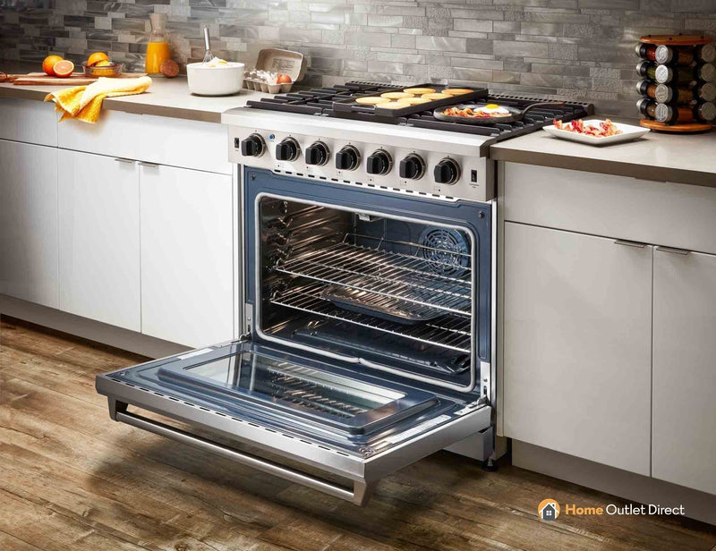 Thor Kitchen 5-Piece Appliance Package - 36-Inch Gas Range with Liquid Propane Kit, Refrigerator with Water Dispenser, Pro-Style Wall Mount Hood, Dishwasher, & Wine Cooler in Stainless Steel