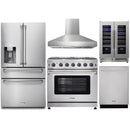 Thor Kitchen 5-Piece Appliance Package - 36-Inch Gas Range with Liquid Propane Kit, Refrigerator with Water Dispenser, Pro-Style Wall Mount Hood, Dishwasher, & Wine Cooler in Stainless Steel