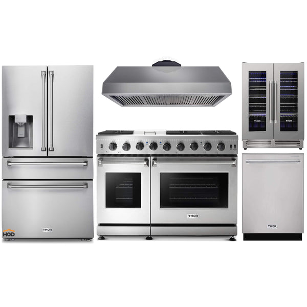 Thor Kitchen 5-Piece Appliance Package - 48-Inch Gas Range with Liquid Propane Kit, Refrigerator with Water Dispenser, Dishwasher, Under Cabinet 16.54" Tall Hood, & Wine Cooler in Stainless Steel