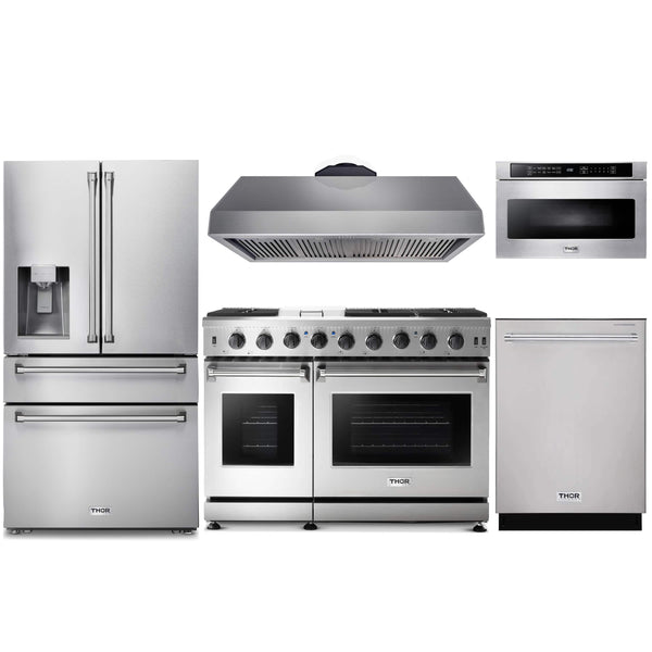 Thor Kitchen 5-Piece Appliance Package - 48-Inch Gas Range with Liquid Propane Kit, Refrigerator with Water Dispenser, Under Cabinet 16.54" Tall Hood, Dishwasher, & Microwave Drawer in Stainless Steel